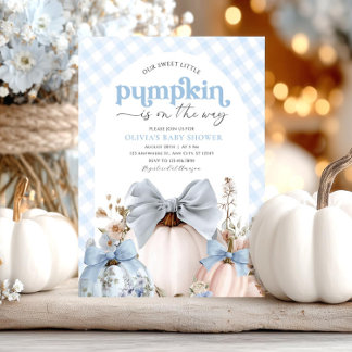 Little Pumpkin Blue Boy  Greenery Baby Shower Invitation