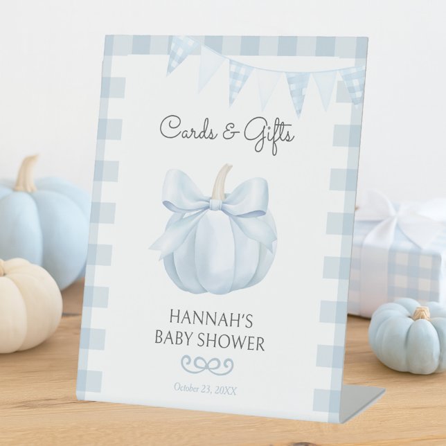 Little Pumpkin Blue Cards & Gifts Baby Shower Pedestal Sign (Creator Uploaded)