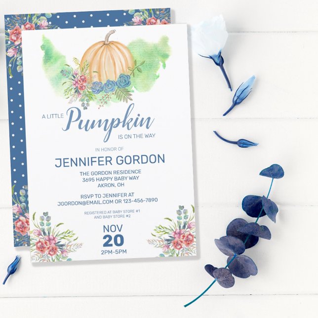 Little Pumpkin Blue Fall Floral Boy Baby Shower Invitation (Creator Uploaded)