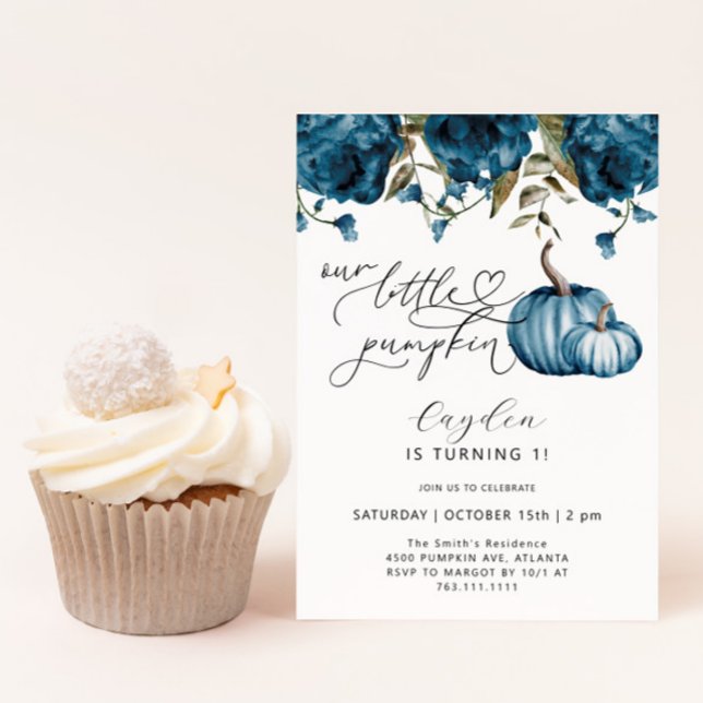 Little Pumpkin Blue Floral Birthday Invitation (Creator Uploaded)