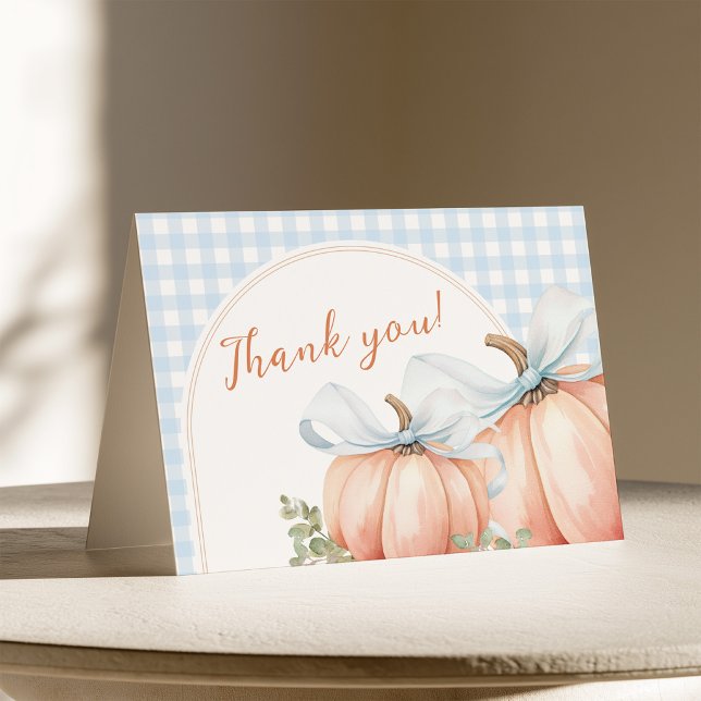 Little Pumpkin Blue Gingham Thank You Card (Creator Uploaded)