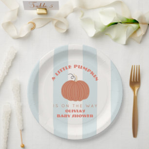Little Pumpkin Blue Stripes Boy Baby Shower Paper Plate