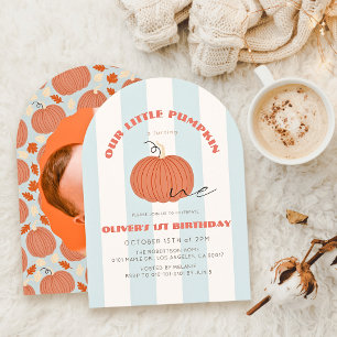 Little Pumpkin Blue Stripes Boy Photo 1st Birthday Invitation