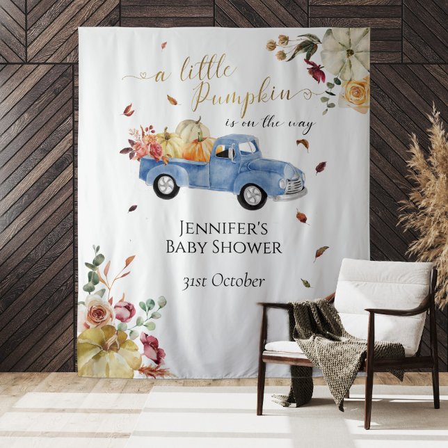 Little Pumpkin Blue Truck Baby Shower Backdrop Tapestry (Creator Uploaded)