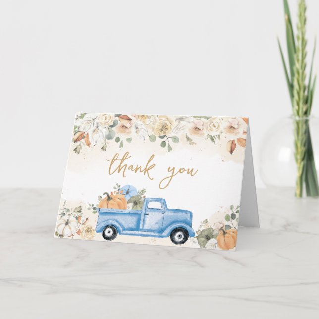 Little Pumpkin Blue Truck Baby Shower Thank You Card (Front)