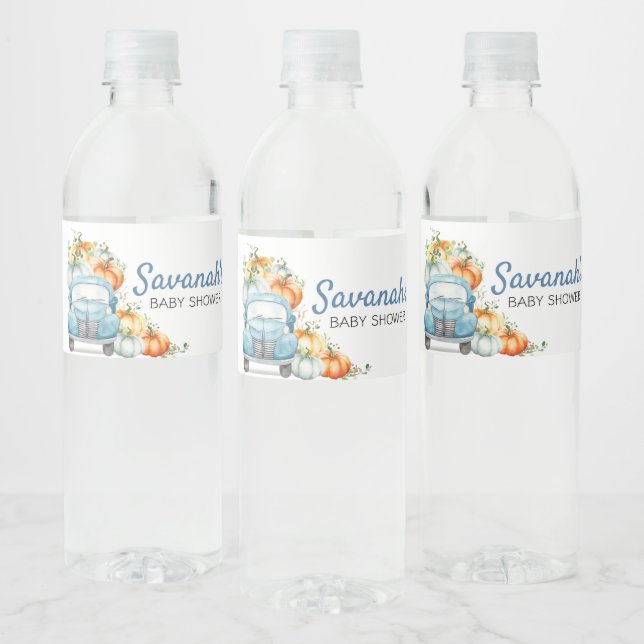 Little Pumpkin Blue Truck Baby Shower  Water Bottle Label (Bottles)