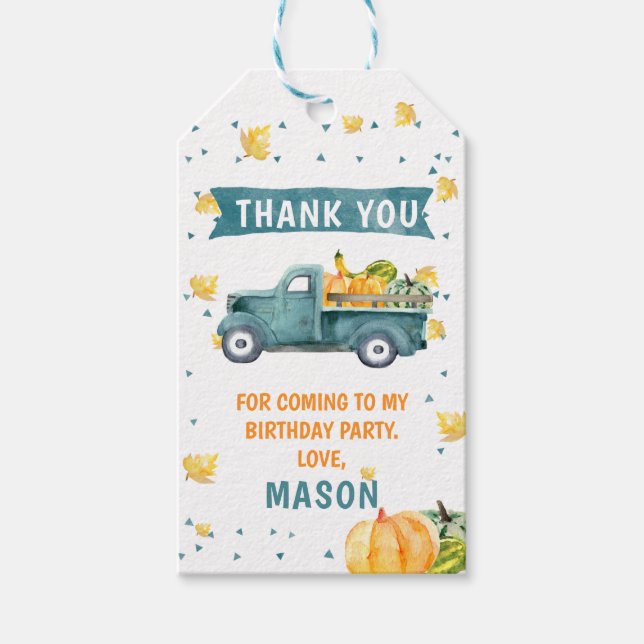 Little Pumpkin Blue Truck Birthday Thank You Tag (Front)