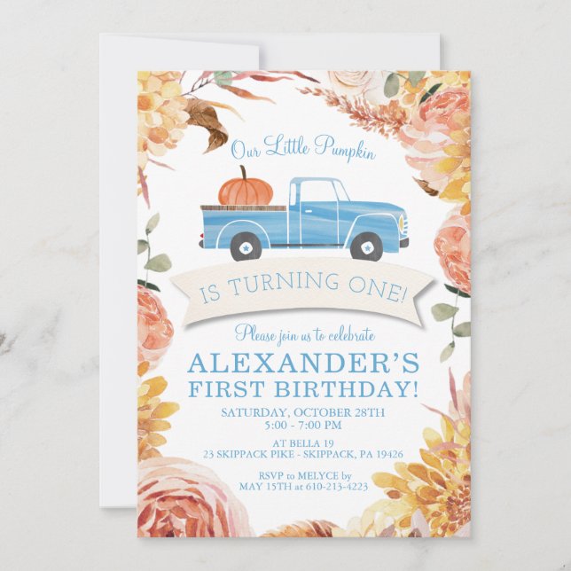 Little PUMPKIN Blue Truck Boy 1st Birthday Party I Invitation (Front)