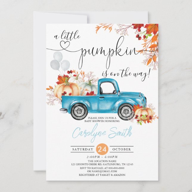 Little Pumpkin Blue Truck Fall Baby Shower Invitation (Front)