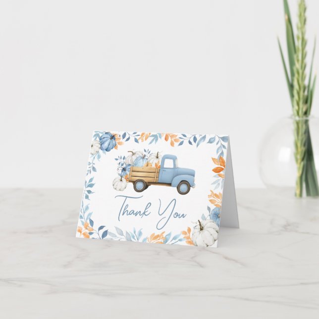 Little Pumpkin Blue Truck Fall Baby Shower Thank You Card (Front)