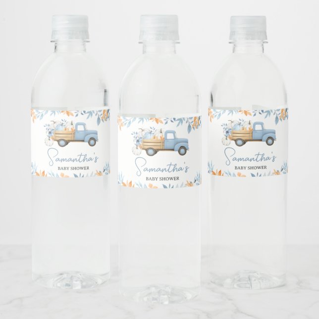 Little Pumpkin Blue Truck Fall Baby Shower Water Bottle Label (Bottles)