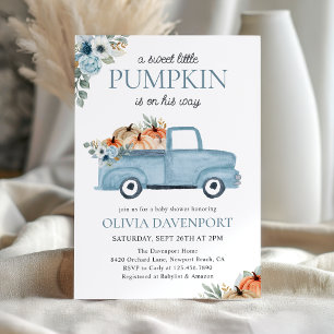 Little Pumpkin Blue Truck Fall Boy Baby Shower Invitation