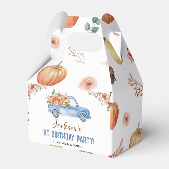 Little Pumpkin Blue Truck First Birthday Favour Bo Box (Front Side)