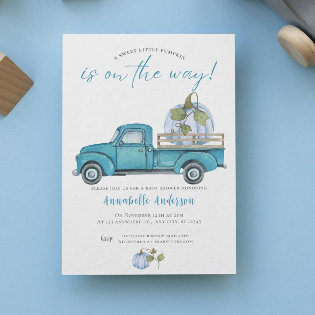 Little Pumpkin Blue watercolor Boy Baby Shower Invitation (Little Pumpkin Blue watercolor Boy Baby Shower Invitation)