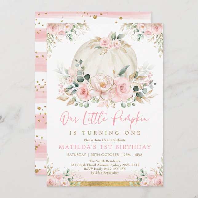 Little Pumpkin Blush Pink Floral Fall Birthday Invitation (Front/Back)