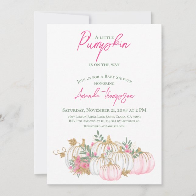 Little Pumpkin Blush Pink Greenery Baby Shower Invitation (Front)