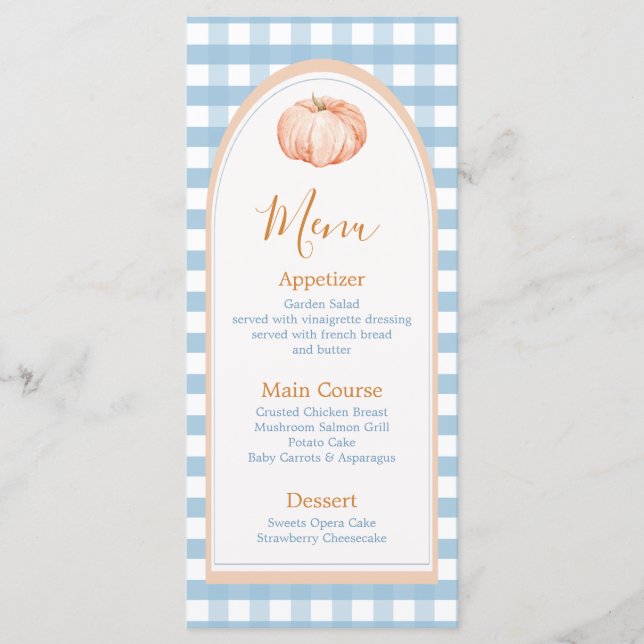 Little Pumpkin Boho Blue Gingham Birthday Menu (Front)