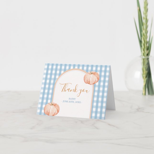 Little Pumpkin Boho Blue Gingham Folded Thank You Card (Front)
