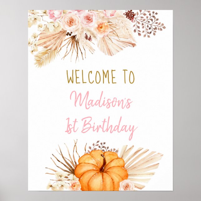 Little Pumpkin Boho Floral Birthday Welcome Poster (Front)