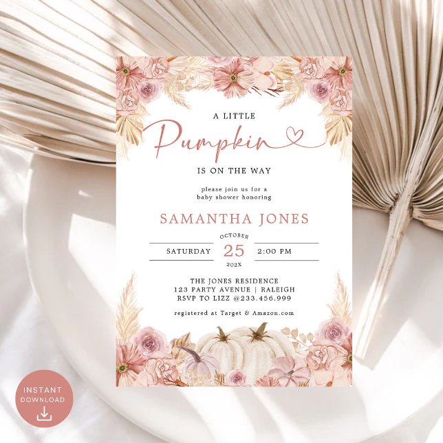 Little Pumpkin Boho Pink Pampas Grass  Baby Shower Invitation (Creator Uploaded)