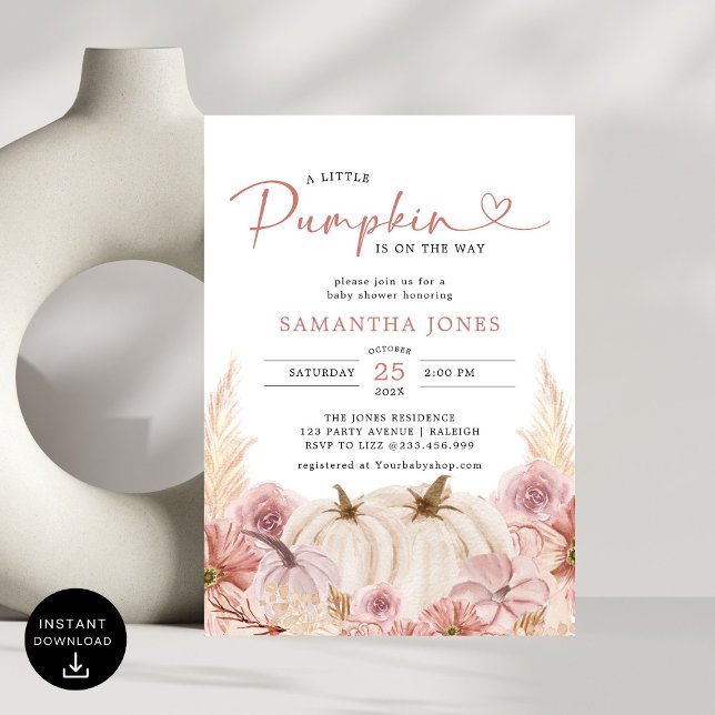 Little Pumpkin Boho Pink Pampas Grass  Baby Shower Invitation (Creator Uploaded)