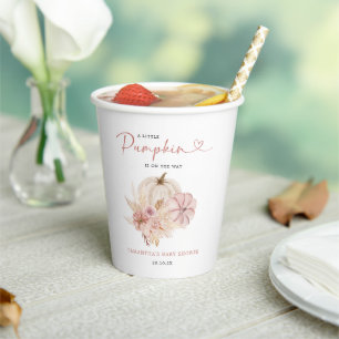 Little Pumpkin Boho Pink Pampas Grass  Baby Shower Paper Cups