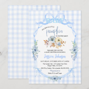 Little Pumpkin Boy Baby Shower Blue Coquette Plaid Invitation
