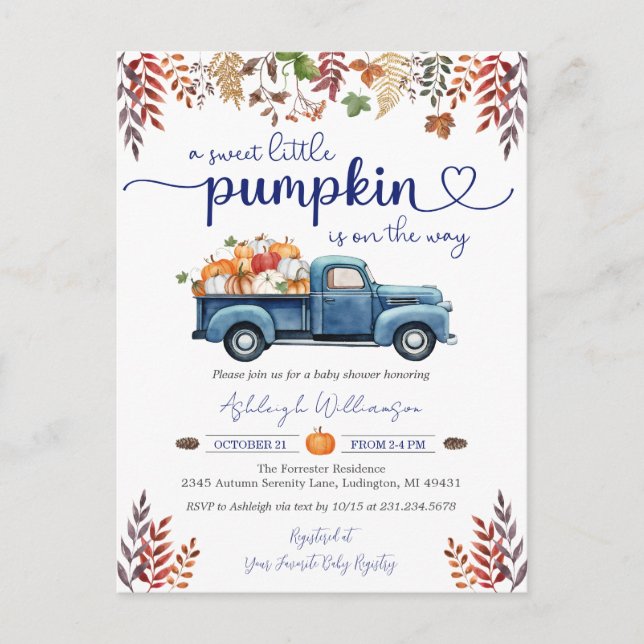 Little Pumpkin Boy Baby Shower Invitation Postcard (Front)