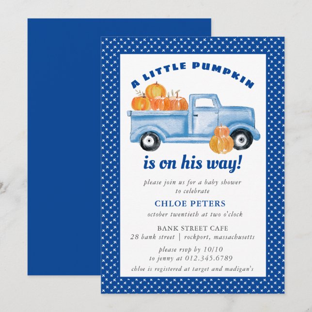 Little Pumpkin Boy Blue Truck  Fall Baby Shower Invitation (Front/Back)