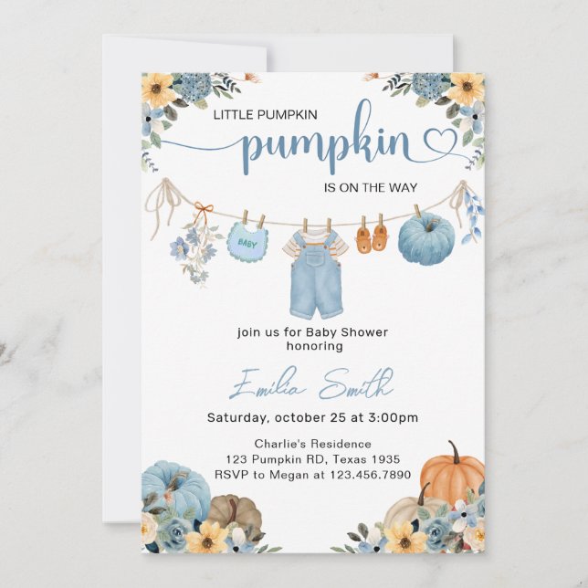  Little Pumpkin Boy Clothesline Baby shower Invitation (Front)