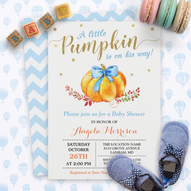 Little Pumpkin Boy Gold Blue Fall Baby Shower Invitation (Creator Uploaded)
