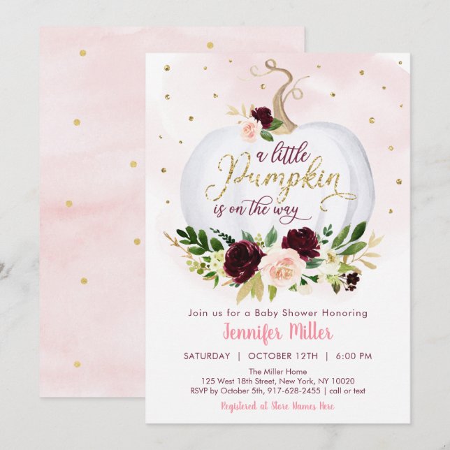 Little Pumpkin Burgundy Floral Baby Shower Invitation (Front/Back)