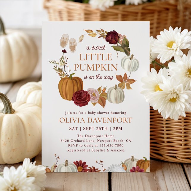 Little Pumpkin Burgundy Floral Fall Baby Shower Invitation (Creator Uploaded)