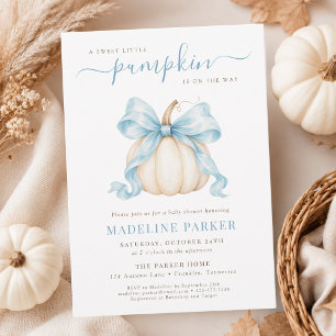 Little Pumpkin Coquette Blue Bow Baby Boy Shower Invitation