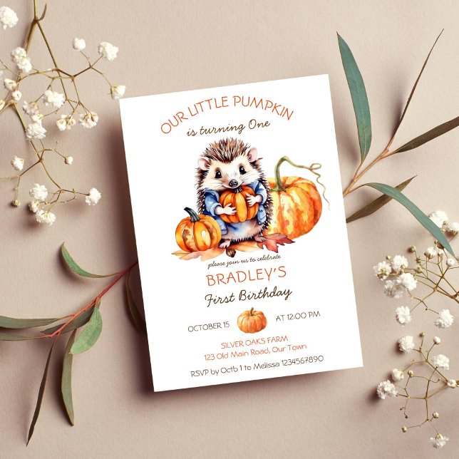 Little pumpkin cute hedgehog pumpkins birthday invitation (Little pumpkin birthday party template invitation instant download cute hedgehog holding pumpkin)