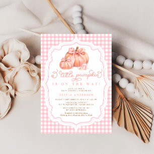 Little Pumpkin Cute Pink Bow Girl Baby Shower Invitation