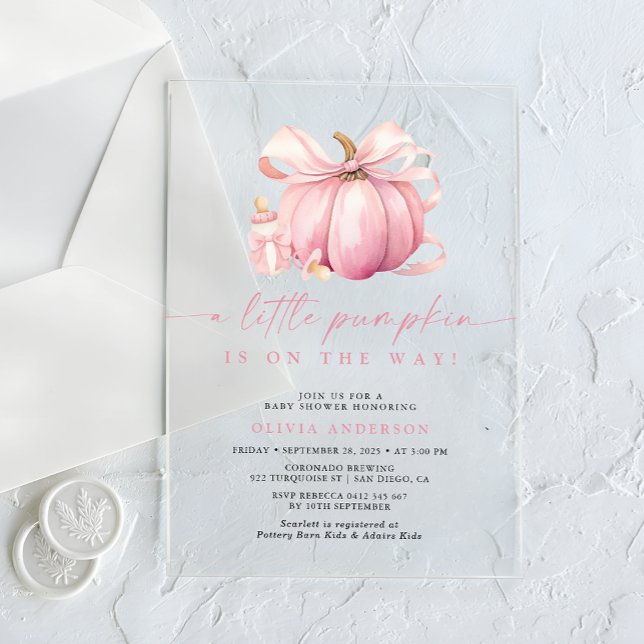 Little Pumpkin Cute Pink Girl Baby Shower Acrylic Invitations (Creator Uploaded)