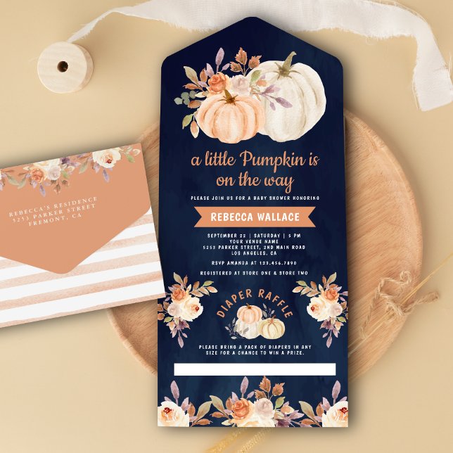 Little Pumpkin Earthy Floral Navy Blue Baby Shower All In One Invitation (Creator Uploaded)