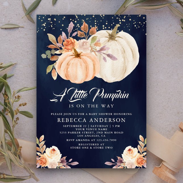 Little Pumpkin Earthy Floral Navy Blue Baby Shower Invitation (Creator Uploaded)