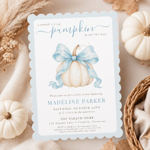 Little Pumpkin Elegant Blue Bow Baby Boy Shower Invitation