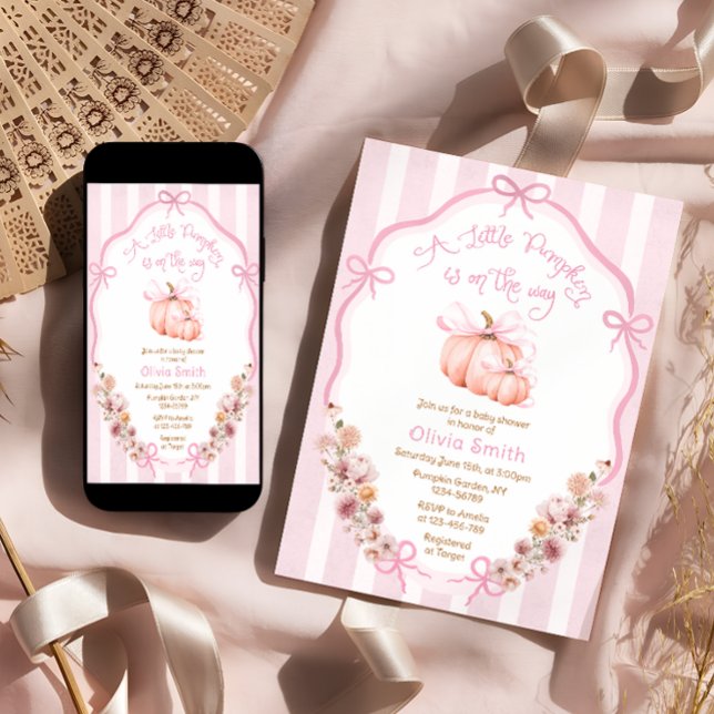 Little Pumpkin Elegant Bow Floral Pink Baby Shower Invitation (Creator Uploaded)