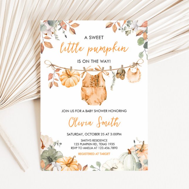 Little Pumpkin Fall Autumn Baby Shower  Invitation (Little Pumpkin Fall Clothesline Baby Shower Invitation)