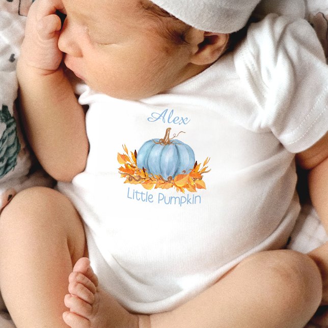 Little Pumpkin Fall Baby Bodysuit Name (Little Pumpkin Blue Fall Boy Personalized baby bodysuit)