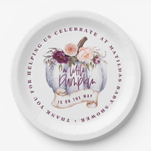 Little pumpkin fall baby shower invitation purple paper plate