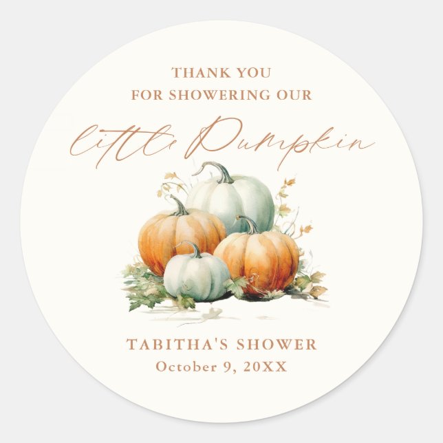  Little Pumpkin Fall Baby Shower Thank You Favour Classic Round Sticker (Front)
