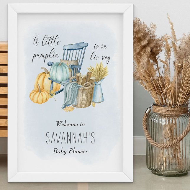 Little Pumpkin Fall Baby Shower Welcome Sign (Boy Baby Shower Welcome Sign for fall - order printed or as a printable download)
