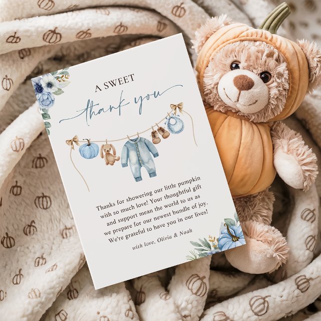 Little Pumpkin Fall Blue Floral Boy Baby Shower Thank You Card (Creator Uploaded)