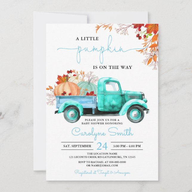 Little Pumpkin Fall Blue Truck Baby Shower Invitation (Front)