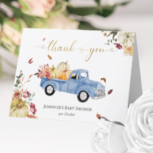 Little Pumpkin Fall Blue Vintage Truck Baby Shower Thank You Card