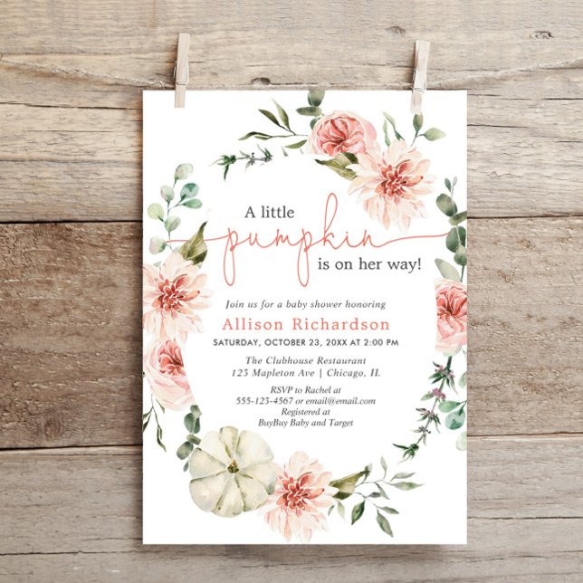 Little pumpkin fall blush pink floral greenery invitation (Creator Uploaded)
